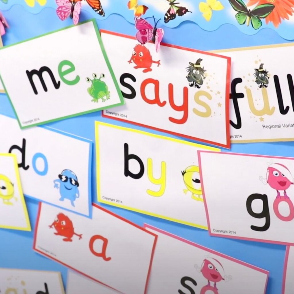 Monster Phonics flashcards on display