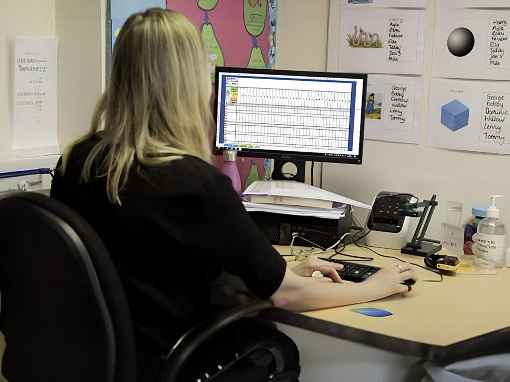 Teacher looking at the online assessment tracker by Monster Phonics